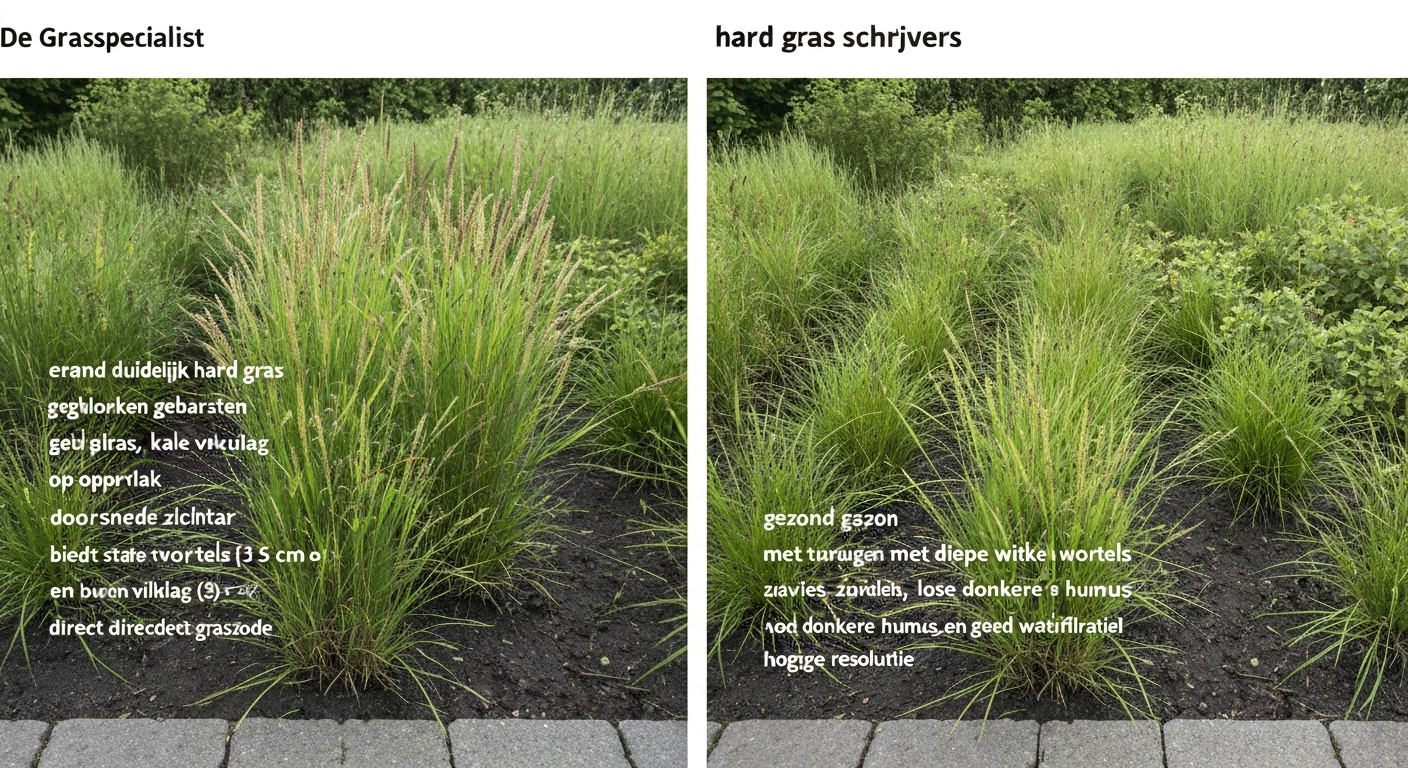 Split-view doorsnede van een Nederlandse tuin: links hard, verdicht gazon met ondiepe wortels en viltlaag; rechts gezond gazon met diepe wortels.