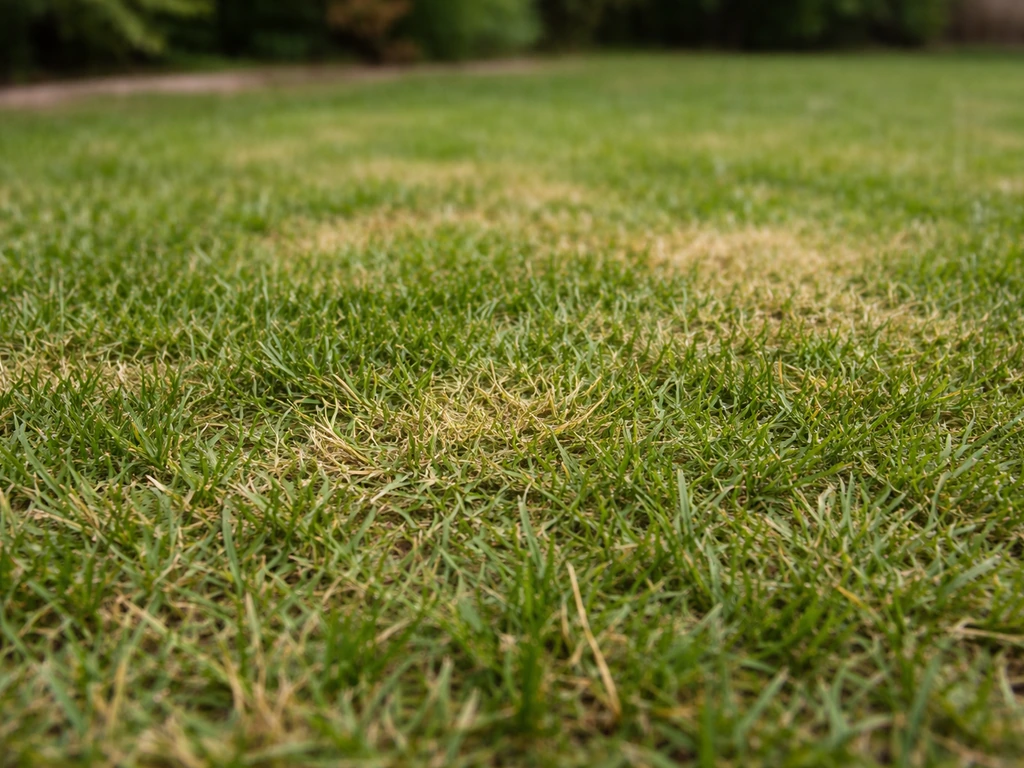 Close-up van gemaaid gras met te korte afsneden bladen en wat vergeelde plekken.