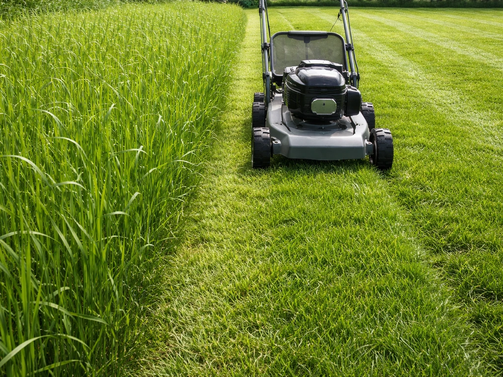 Vers gemaaid gazon met duidelijk hogere maaisprieten, met zichtbare maaisporen van de maaibeurt.