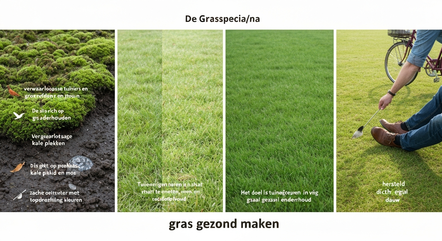 Splitbeeld: links mos en kale plekken in gazon, rechts dicht groen hersteld gazon met tuingereedschap