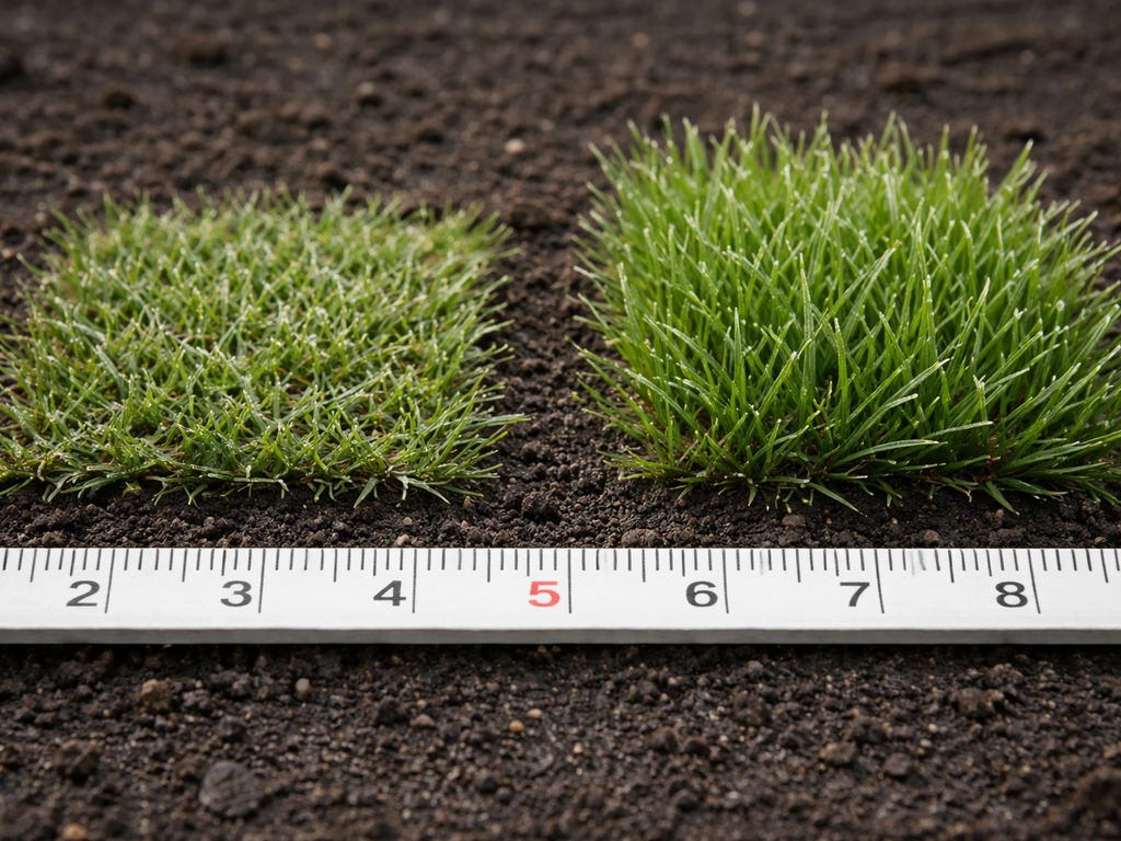 Twee stroken wintergras met meetlint/liniaal: kort onder 5 cm en langer boven 5 cm, in natuurlijke belichting.