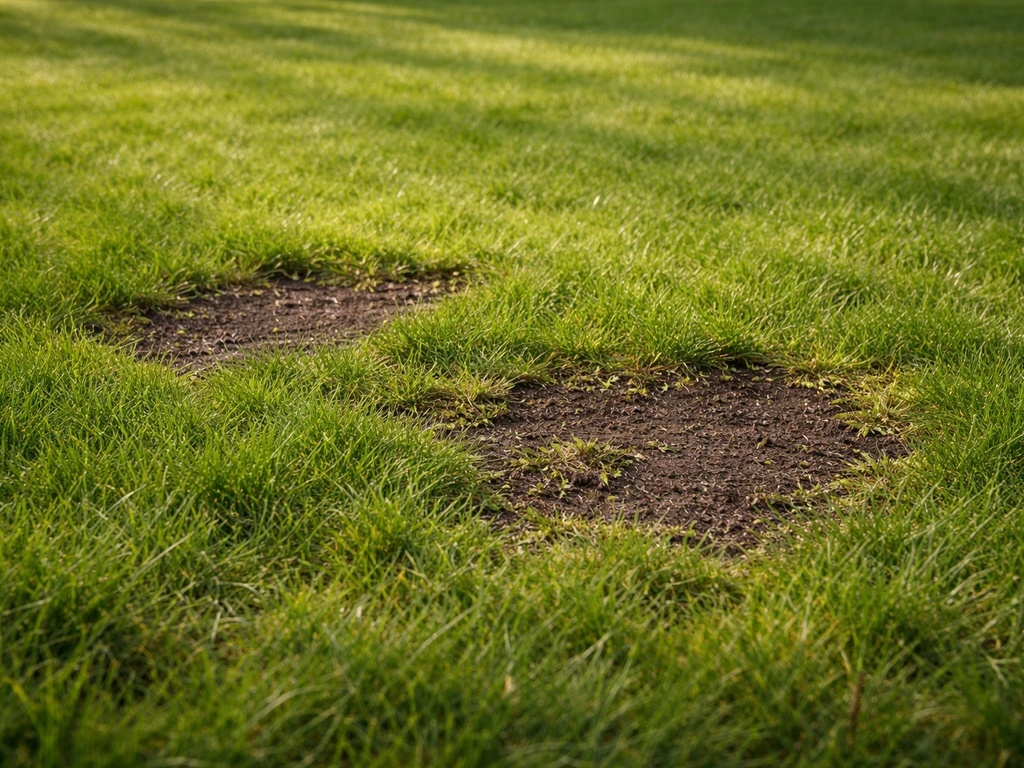Tuin-gazon met duidelijke kale plekken en omliggende grassprieten van 5–6 cm, winterhoogte, dicht versus leeg.