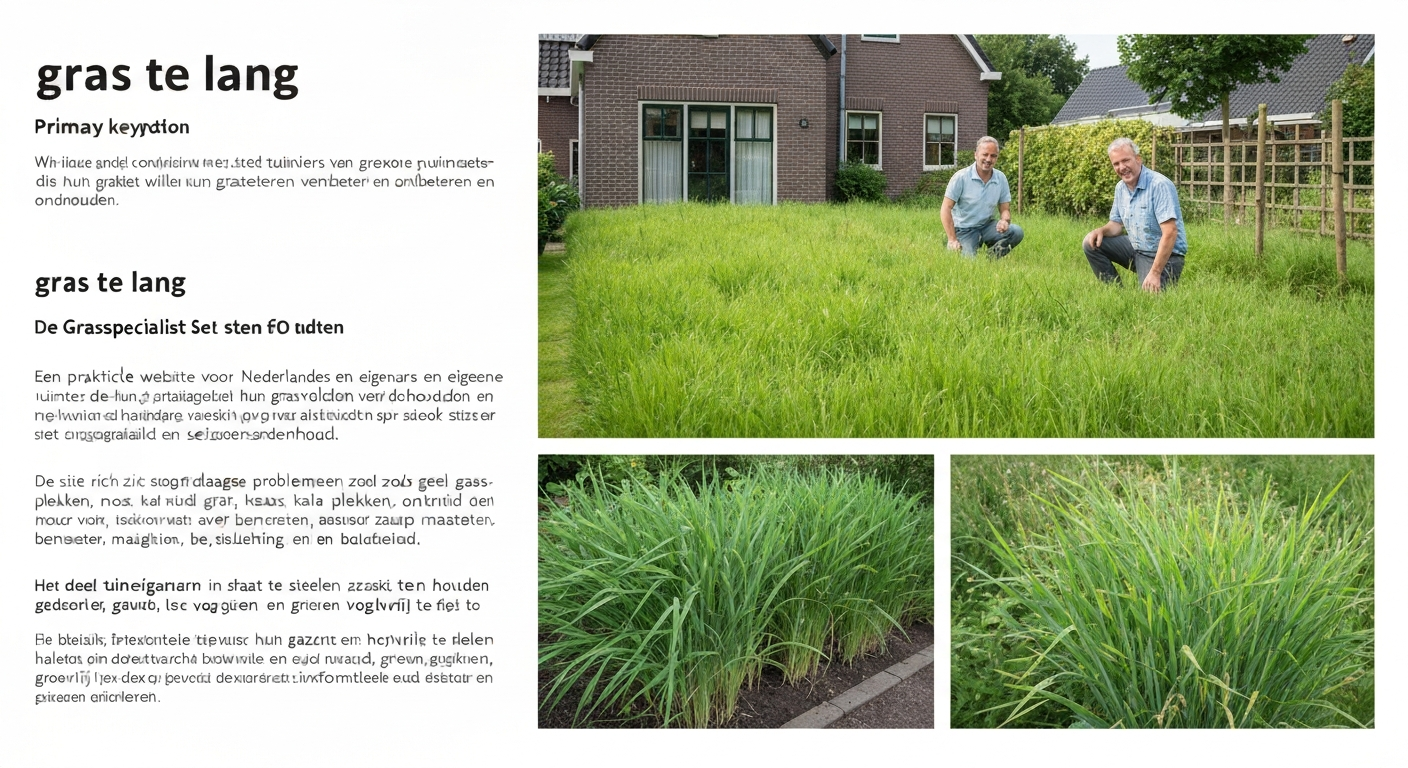 Overgroeid gazon in Nederlandse tuin; tuinier stelt grasmaaier op hoogste stand