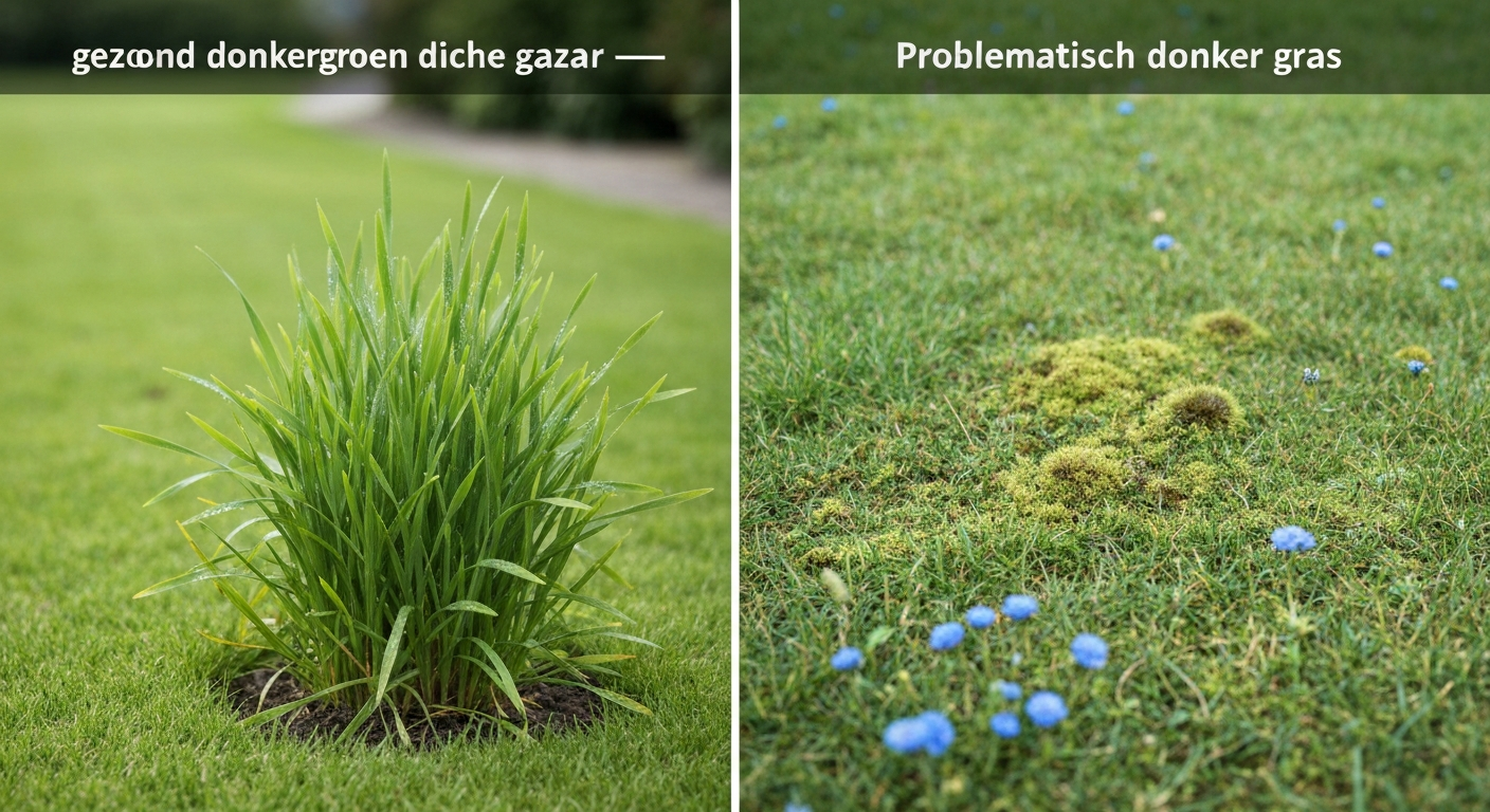 Split-screen: links gezond donkergroen gazon, rechts donker/problematisch gazon met mos en vocht