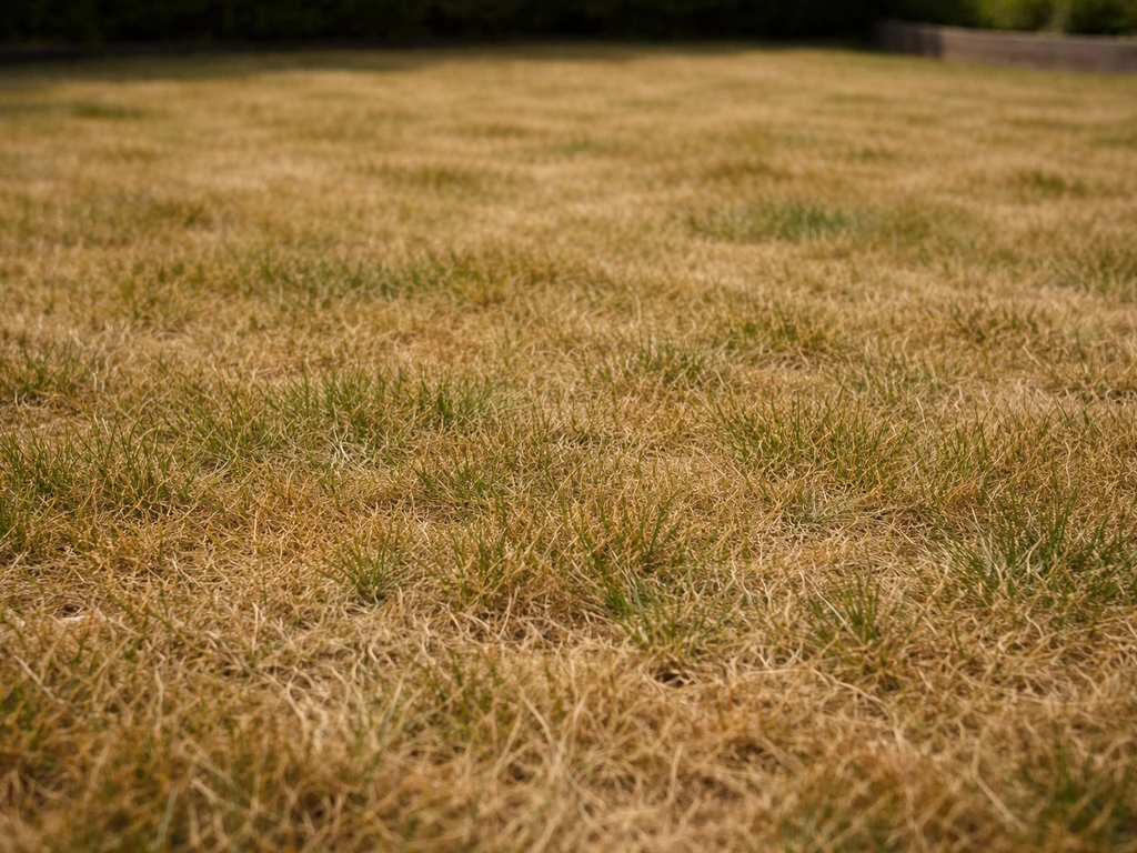 Close-up van een gazon met duidelijk geel verkleurde grassprieten en subtiele vlekken.