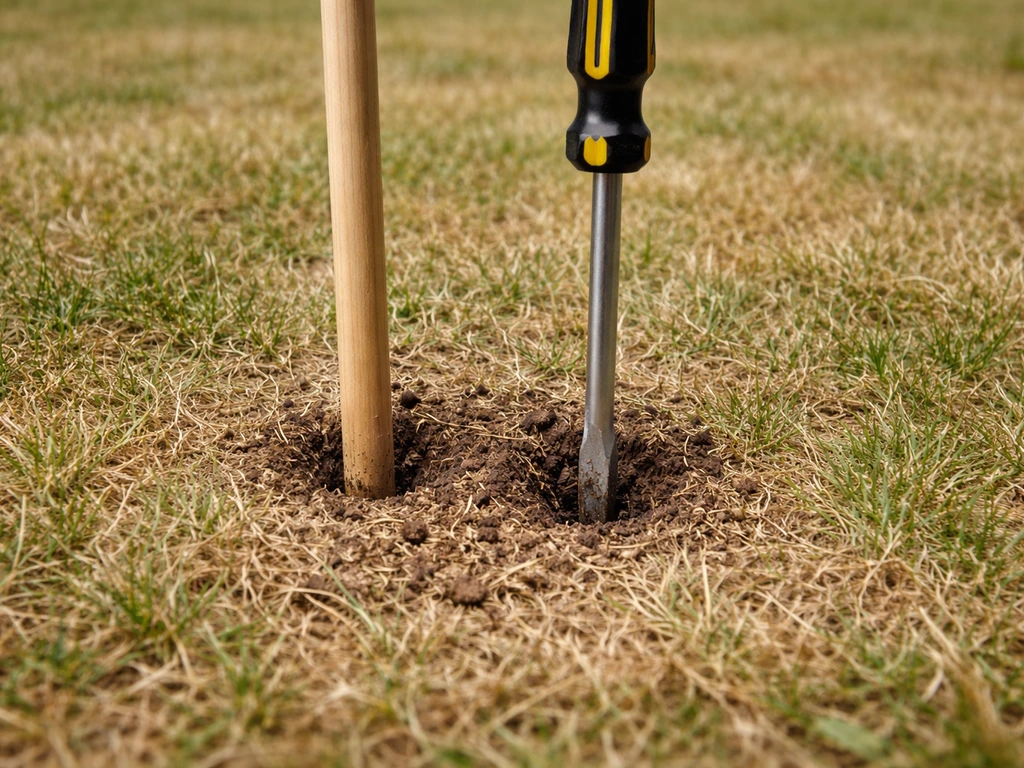 Close-up van een schroevendraaier en stok die 10 cm in droog, bruin-grijs gazon worden geduwd voor vochtcontrole.