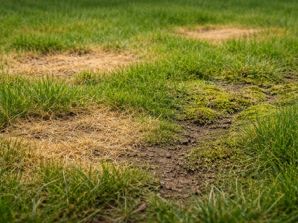Close-up van een gazon met gele/bruinige vlekken en mosplekken, met ongelijkmatige groei in duidelijke zones.