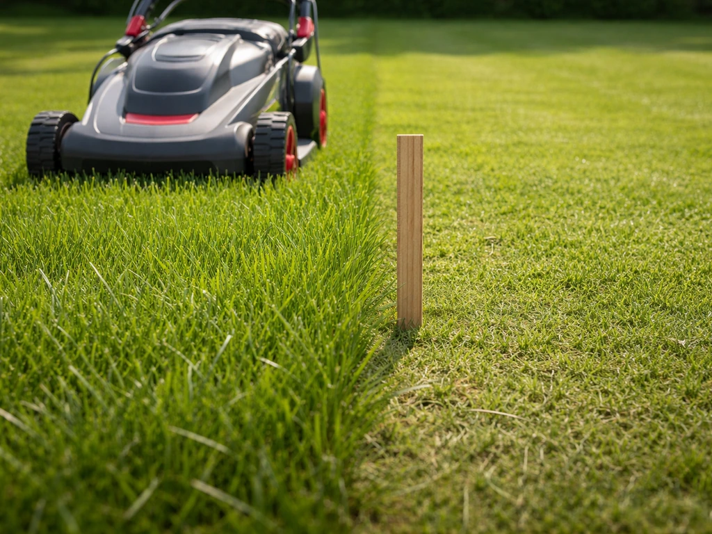 Tuinier die het gras maait met een ingestelde maaibalk; contrast tussen 4–5 cm en te kort gemaaid gras.