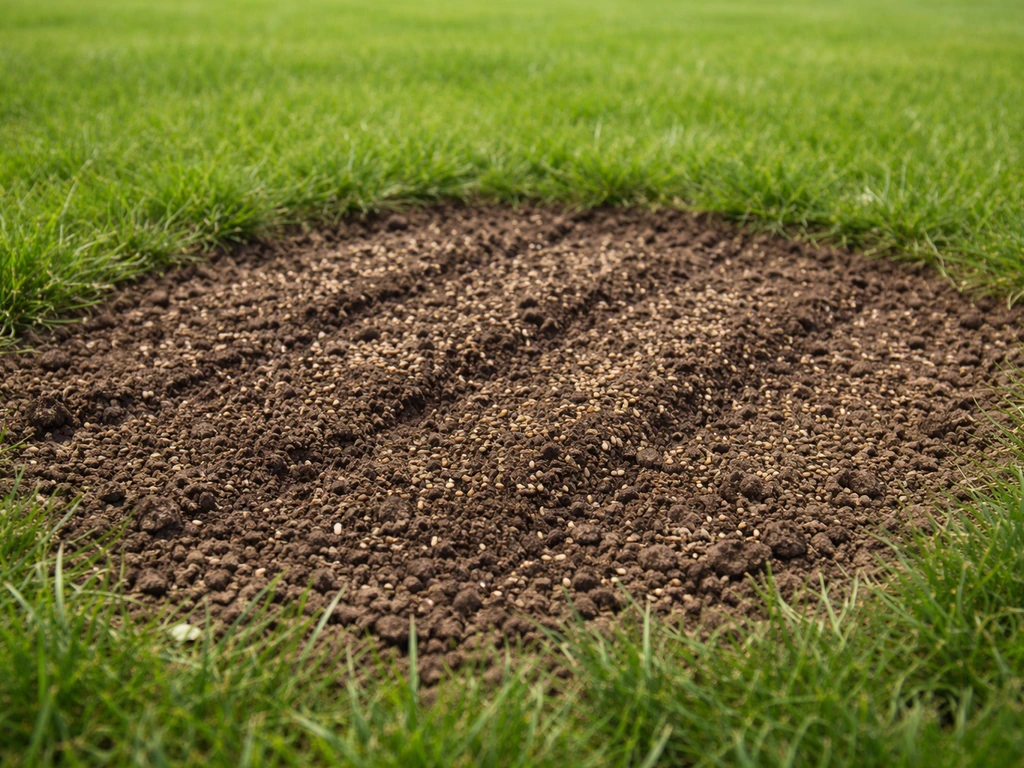 Close-up van een losgeharkte kale plek in sportgazon met verse potgrond en net ingezaaid graszaad.