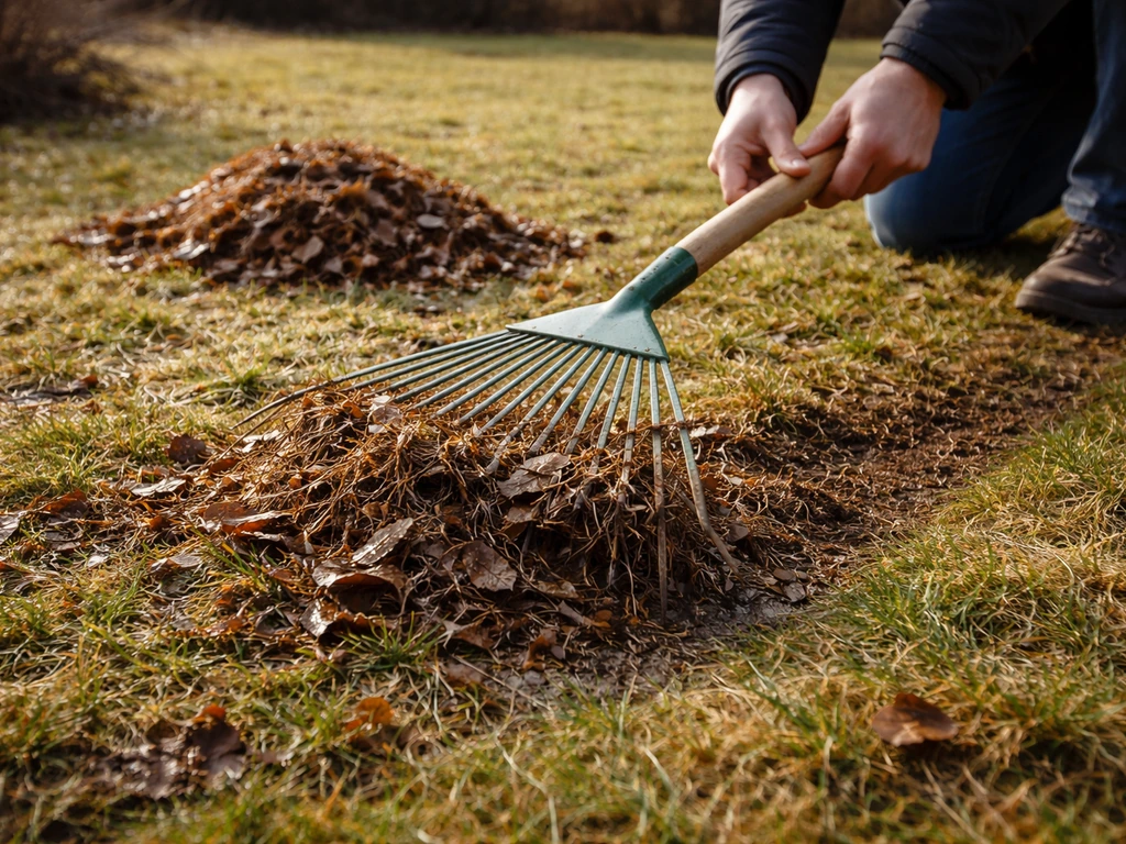 Tuinenrikhark die wintermaaisel en bladresten van een gazon verwijdert, met zicht op bruine verkleuring