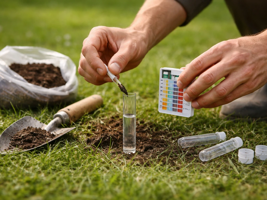 Handen meten pH in het gras met een eenvoudige grondtestkit en bodemmonster.