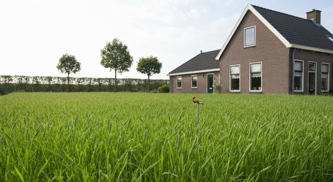 Lentegazon klaar voor de eerste maaibeurt (ongeveer 8–10 cm), maaier op hoge stand vaag op de achtergrond