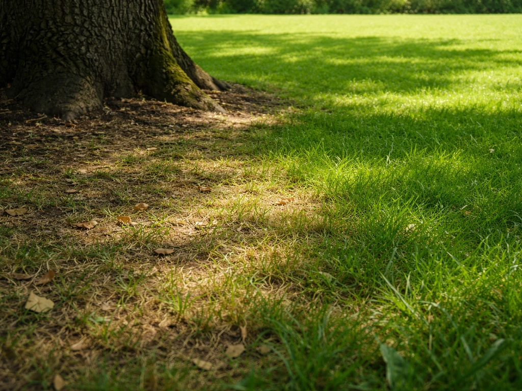 Dunner en geel gras onder een boom met duidelijk verschil tussen schaduw en licht op het gazon.