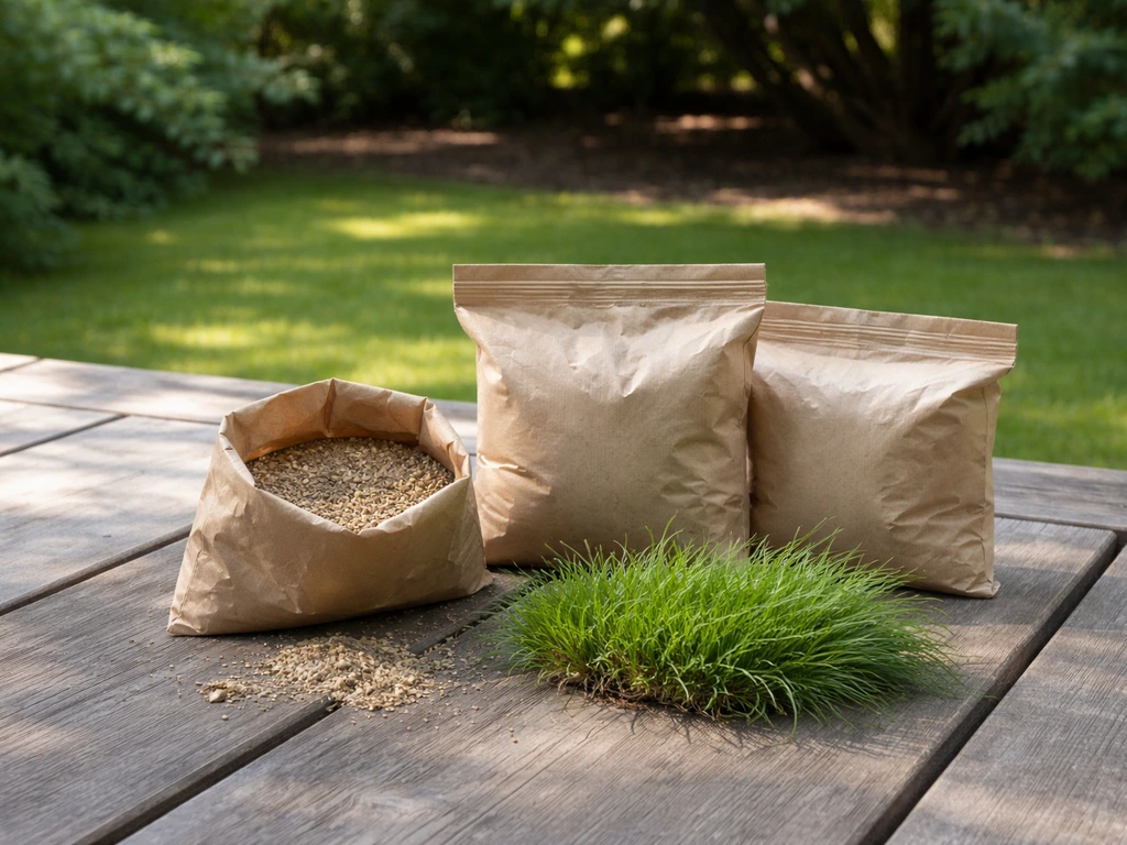 Graszaad en fijn schaduwtolerant gras op tafel, met een schaduwrijke gazonplek op de achtergrond.