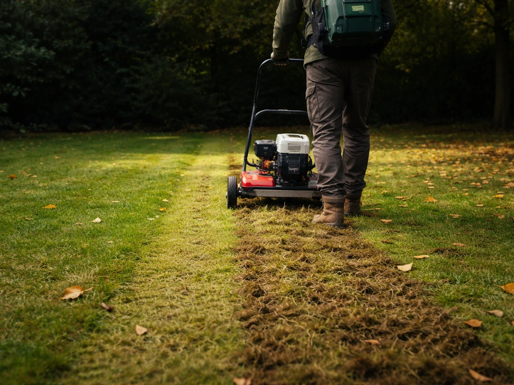 Herfsttuinspecialist verticuteert een schaduwgazon; grasvilt en mos komen los in zichtbare stroken.