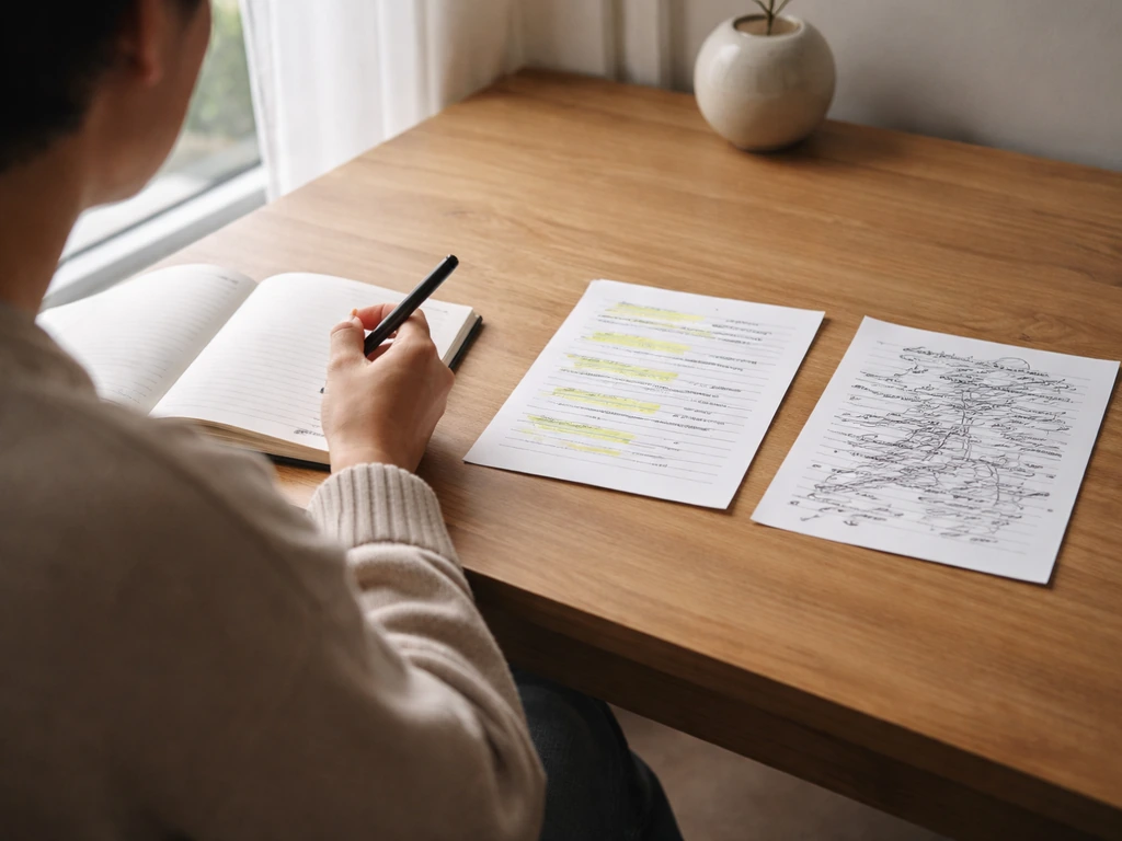 Anonieme persoon bij een bureau kijkt twijfelend naar twee open notities als symbool voor gezonde twijfel en vergelijkin