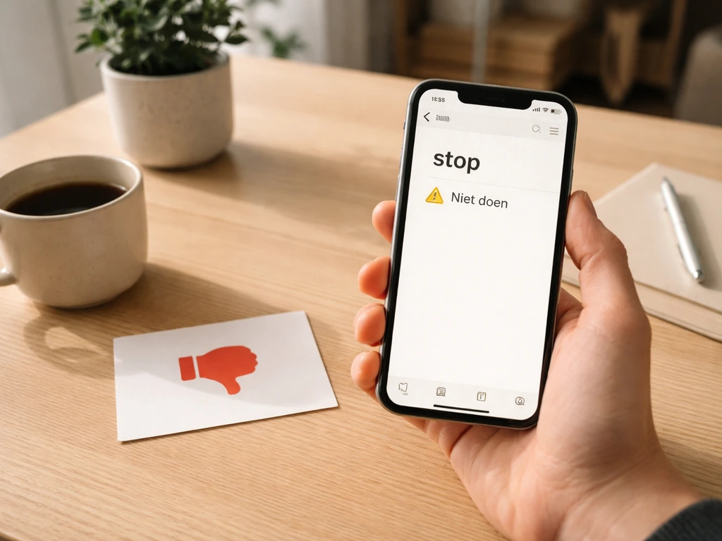 Hand met smartphone met ‘stop’-notitie en stop-symbool op tafel, rustige scène rond grenzen stellen.