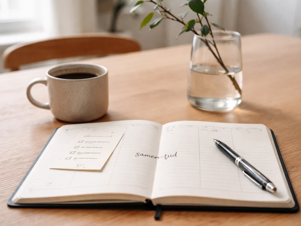 Open agenda op tafel met pen, klein lijstje en een terugkerende afspraak voor samen-tijd, koffiemok ernaast.