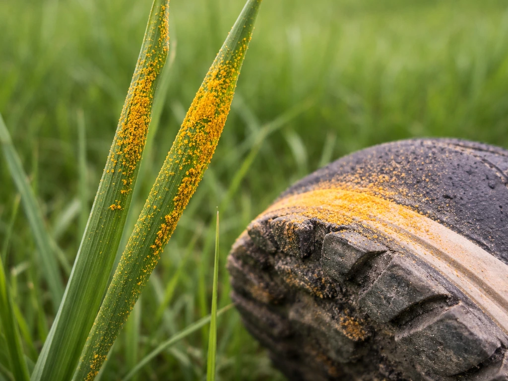Close-up van grassprieten met oranje-gele poederachtige roestsporen, met subtiele poedervegen op schoenen