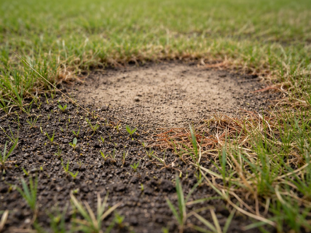 Kale, verdroogde plek in een jong ingezaaid gazon met zichtbare schade rond de kiemzone vlakbij de grondlijn.