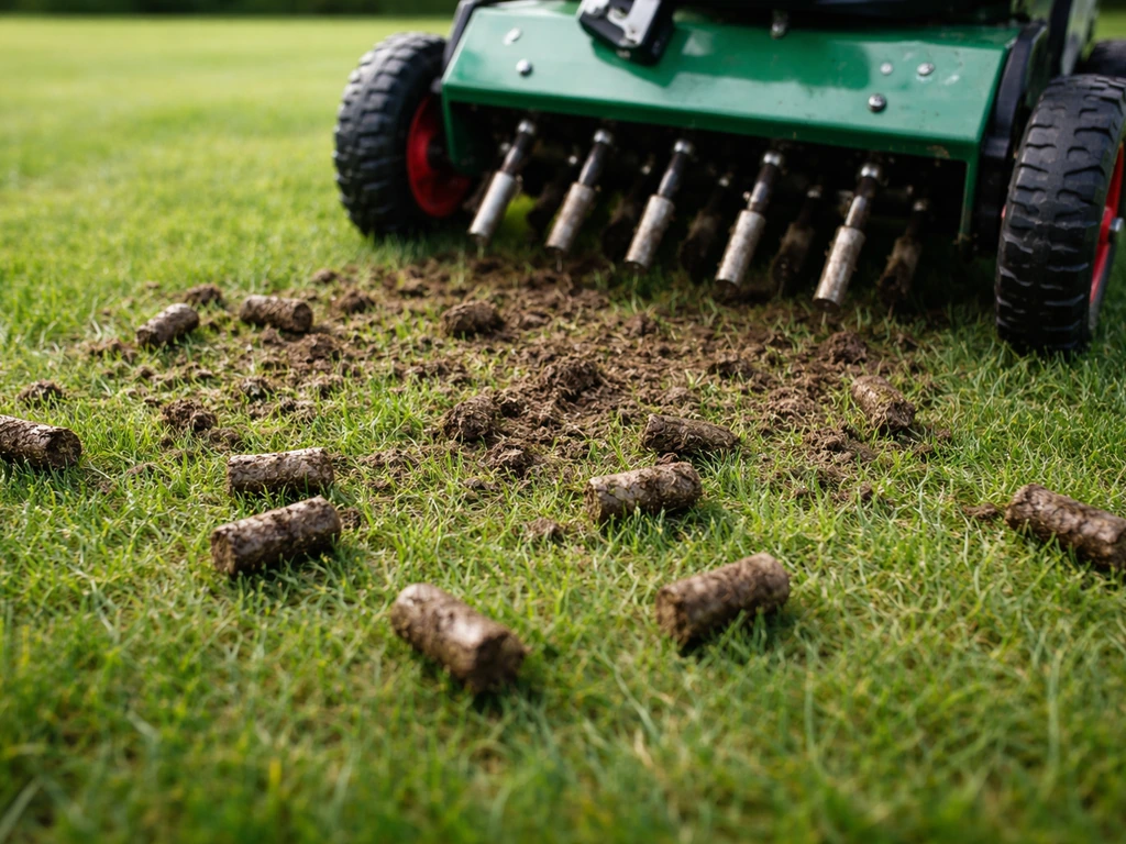 Beluchtingsmachine prikt in een verdicht gazon; uitgeprikte gras- en aardkernen liggen zichtbaar op de grond.