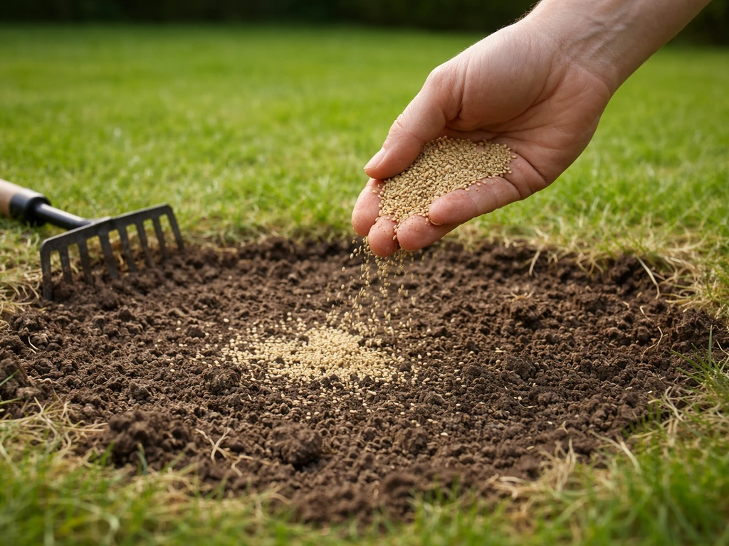 Hand met graszaad strooit over kale plek terwijl losse bovenlaag zichtbaar is in een Nederlands gazon