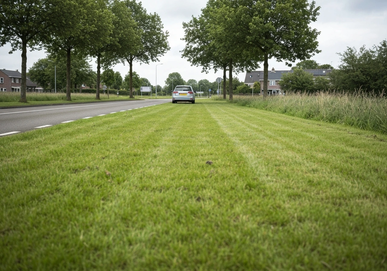 Grasstrook naast rijsporen op een oprit, met duidelijke vergelijking tussen lichte berijding en ongedeerd gras.