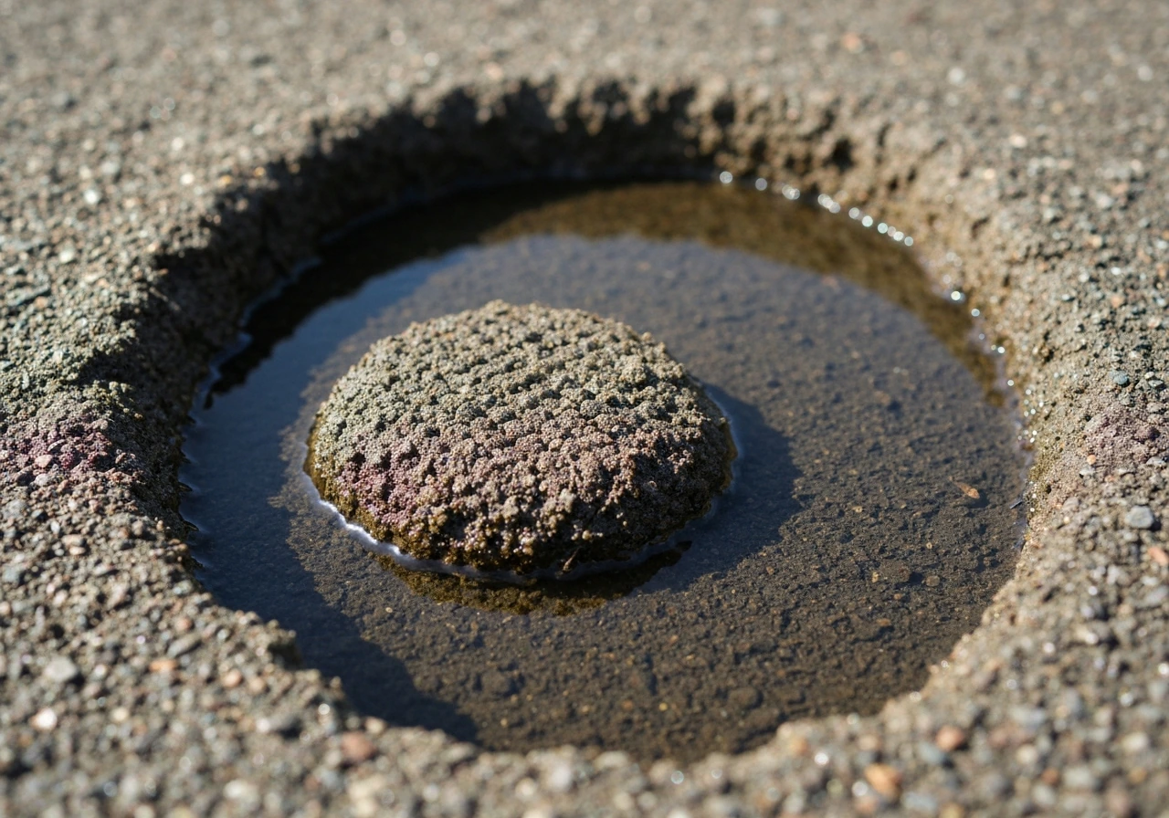 Close-up van verdichte, samengeperste grond met vochtige plekken die slecht water weg kunnen laten