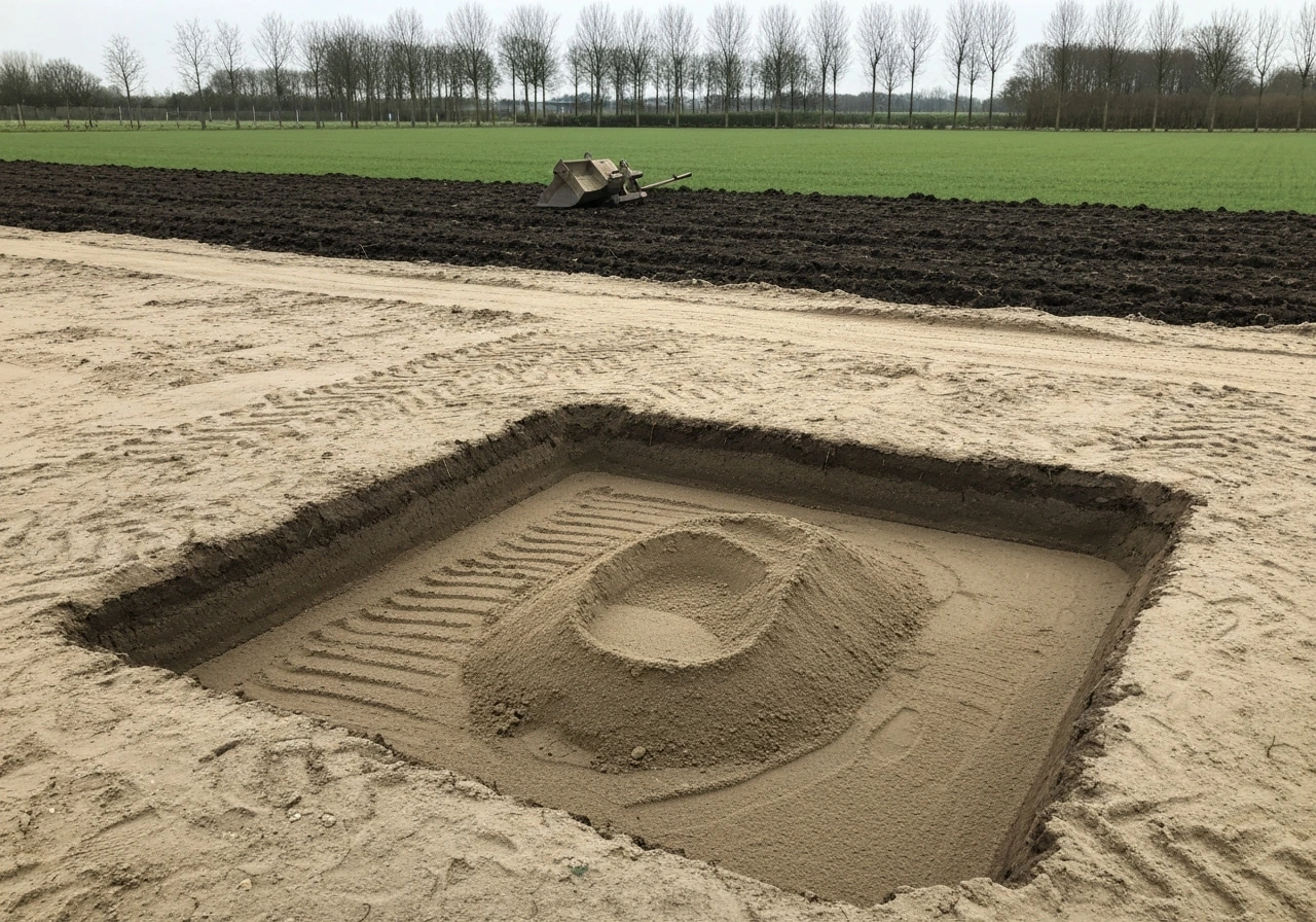 Uitgegraven grasstrook met zichtbaar bodemprofiel en voorbereide ondergrond voor inzaaien