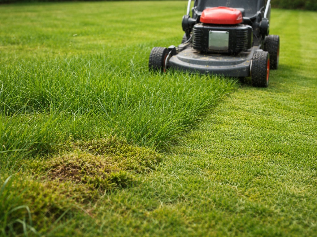 Close-up van een grasmaaier die gras maait tot 4–5 cm, met zichtbare mosplekken in een rustige tuin