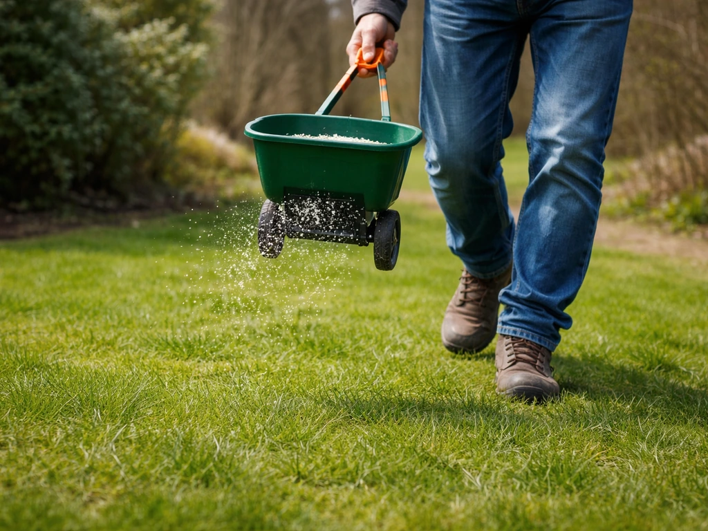 Een anonieme tuinier strooit gazonmest vroeg in het voorjaar over een groen gazon tegen mosvorming.