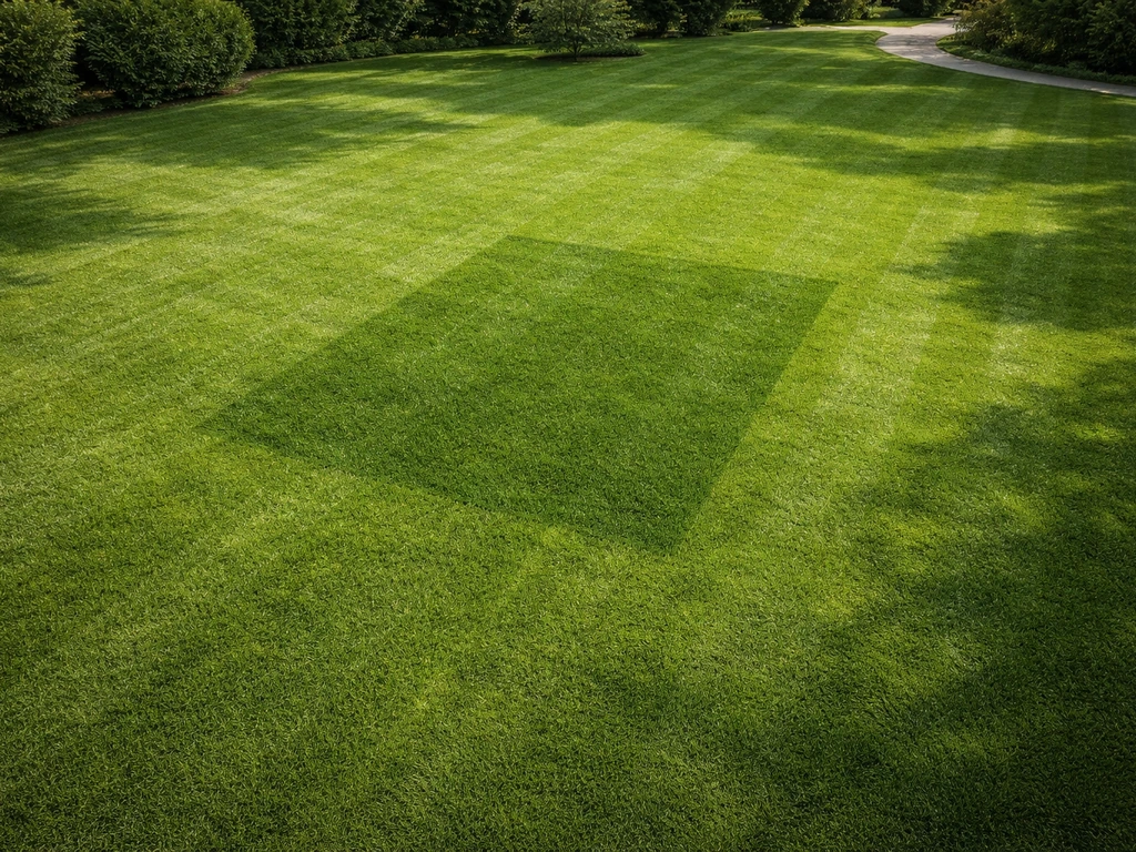 Luchtfoto van een verzorgd gazon met duidelijke grasstructuur in verschillende lichtzones, centraal een herstelde plek.