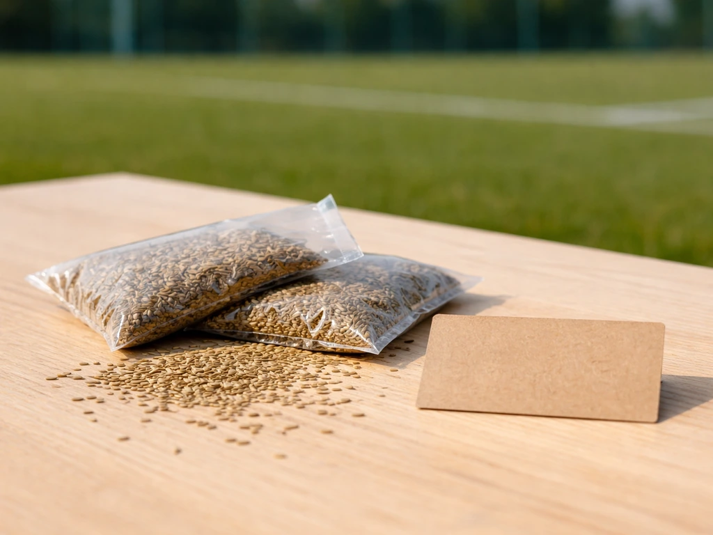 Minimalistische collage: graszaadzakjes en korrels op tafel met een onscherpe groene achtergrond.