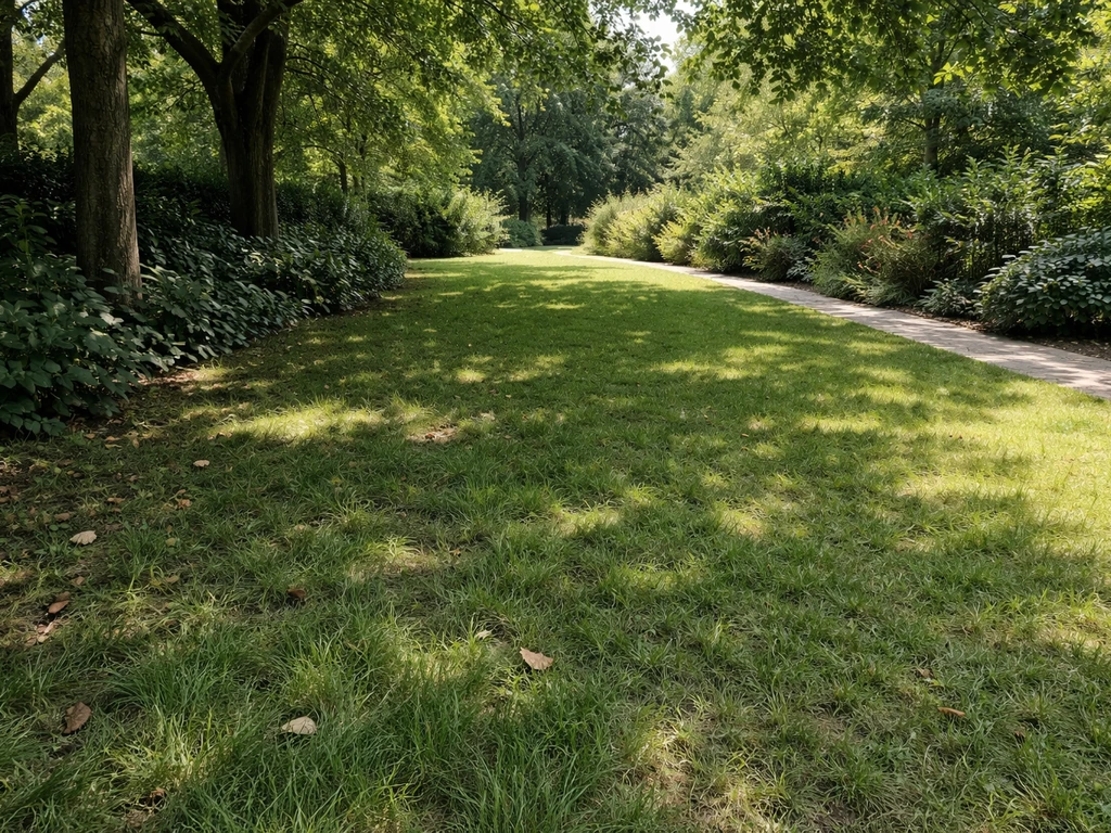 Schaduwgazonstrook onder bomen met lagere, gemengde grasgroei langs een tuinpad, in natuurlijk licht.