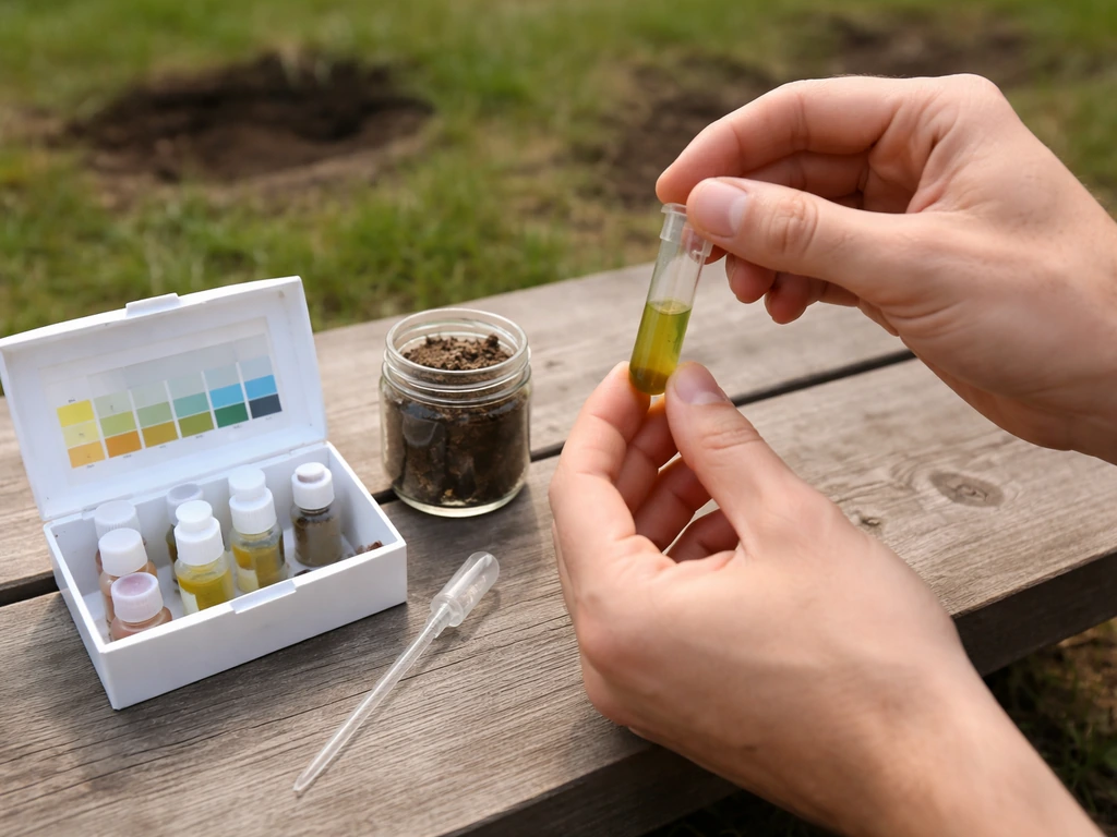 Handen meten pH op een gazon met een pH-testset en bodemmonster op een kleine tuintafel.