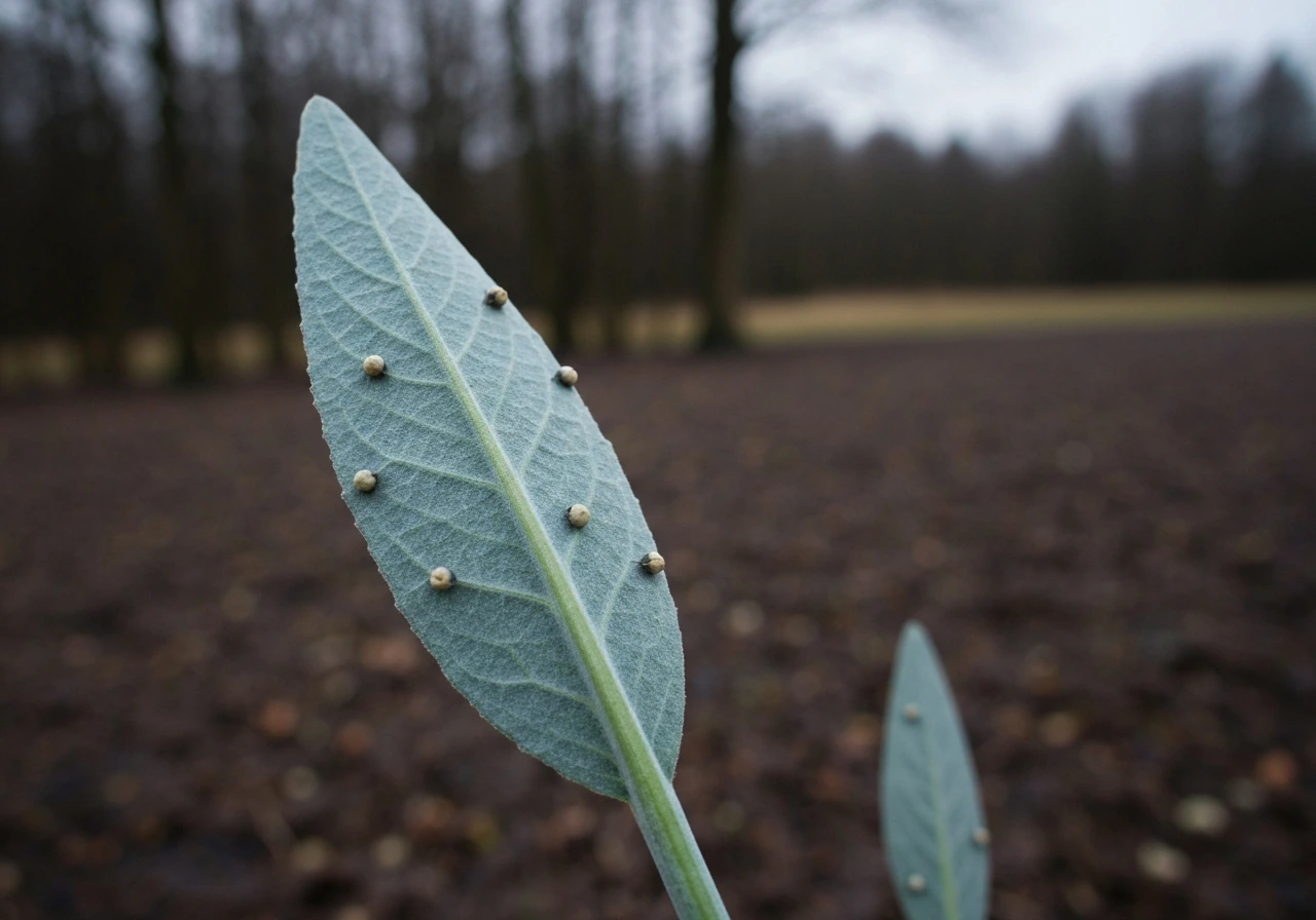 Close-up van verbleekt geel wintergras met dauwdruppels in koel, bewolkt licht.
