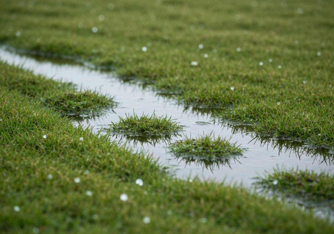 Gazon met waterige plekken die overgaan in rafelige, bruinige plekken—sneeuwschimmel op winters gras