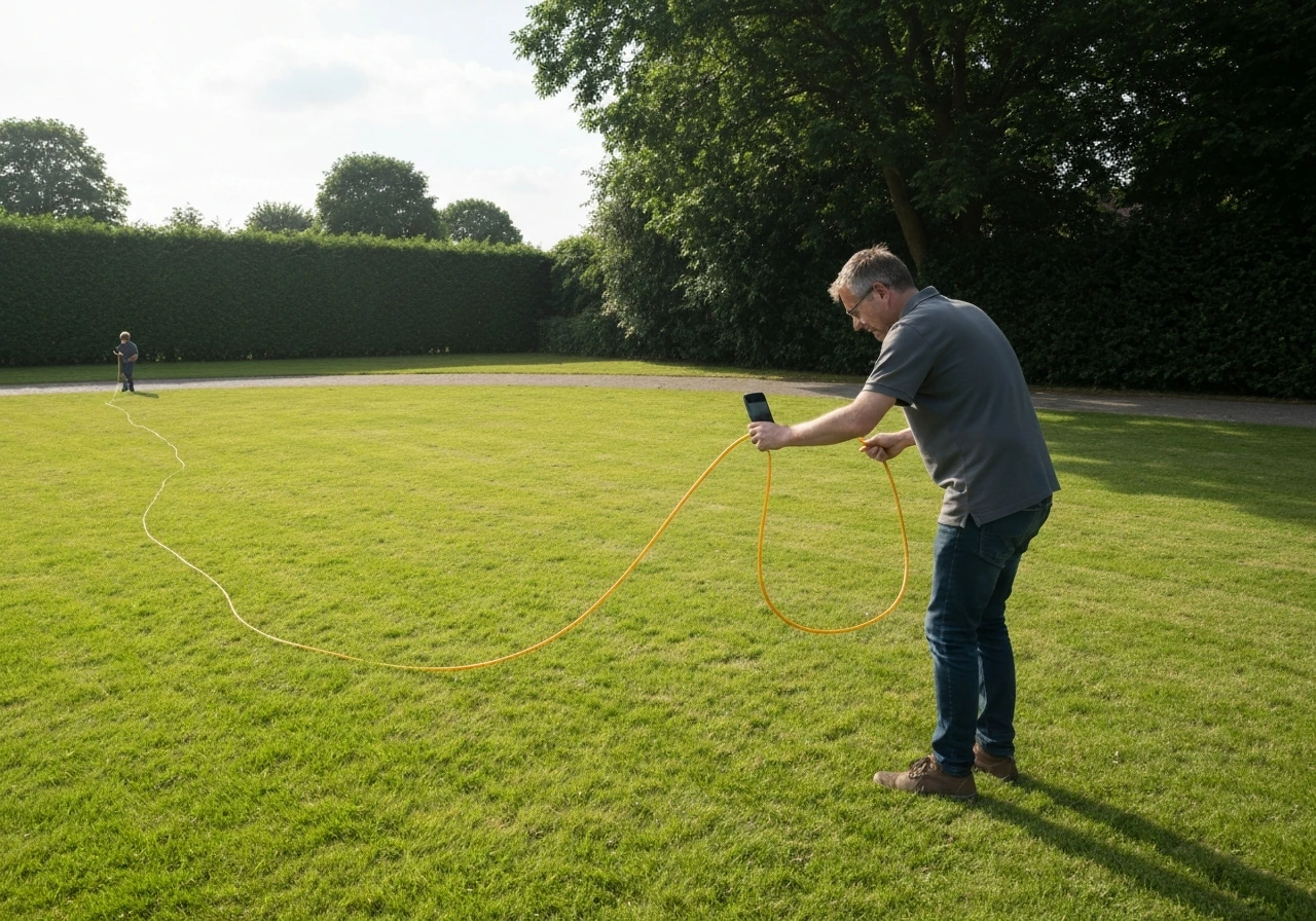 Persoon in laarzen loopt langs het gazon en bekijkt geel gras met een smartphone, rustige tuinomgeving.