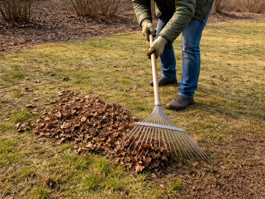 Persoon die in het vroege voorjaar met een bladhark bladeren en dood gras uit het gazon haalt.