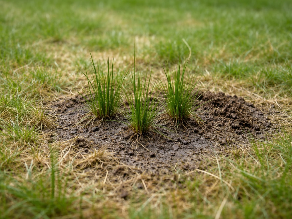 Vochtig gazon met duidelijke gras biezenmortel polletjes op een donker plekje, herstel nodig.