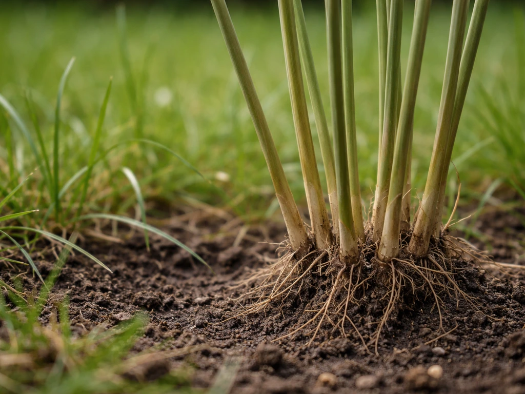 Close-up van biezenachtige grassprieten met ronde en holle stengels in een gazon, met onscherp “gewoon gras” eromheen.
