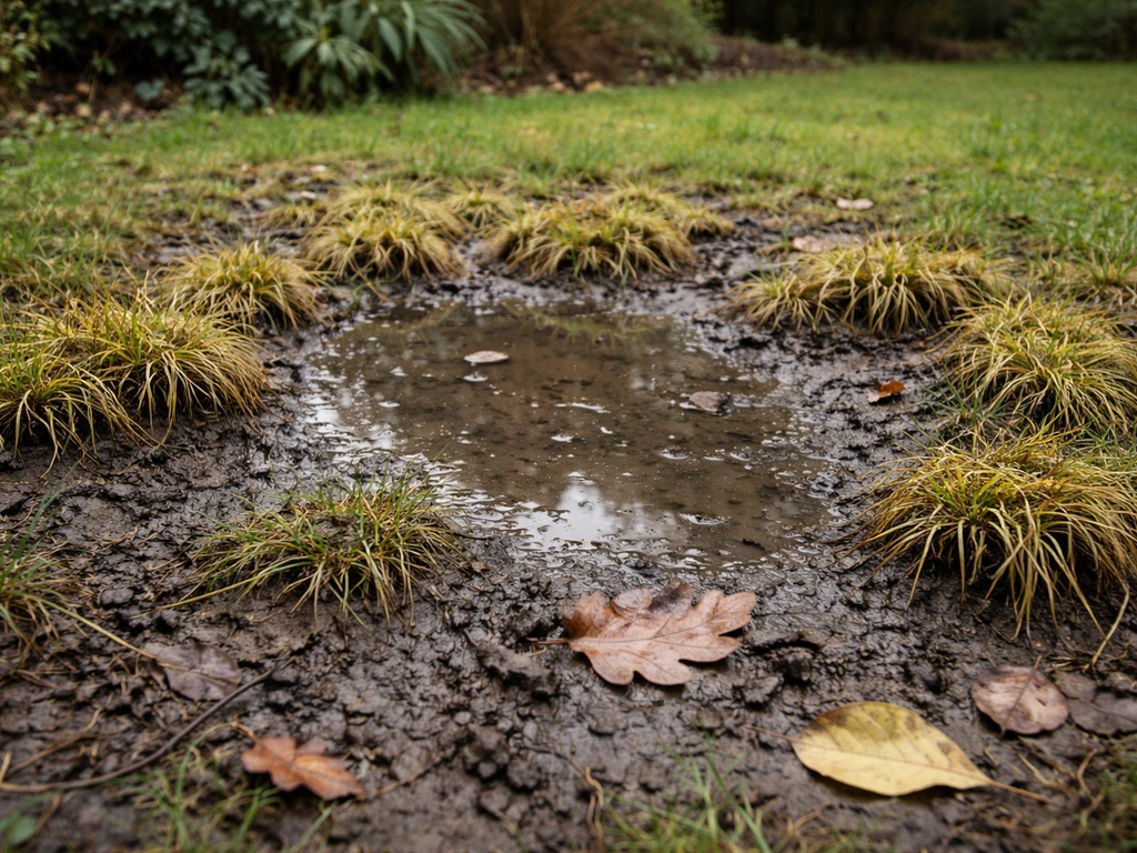 Natte laagte in een Nederlandse tuin met modderige gras/biezenvorming rond een vochtige plek