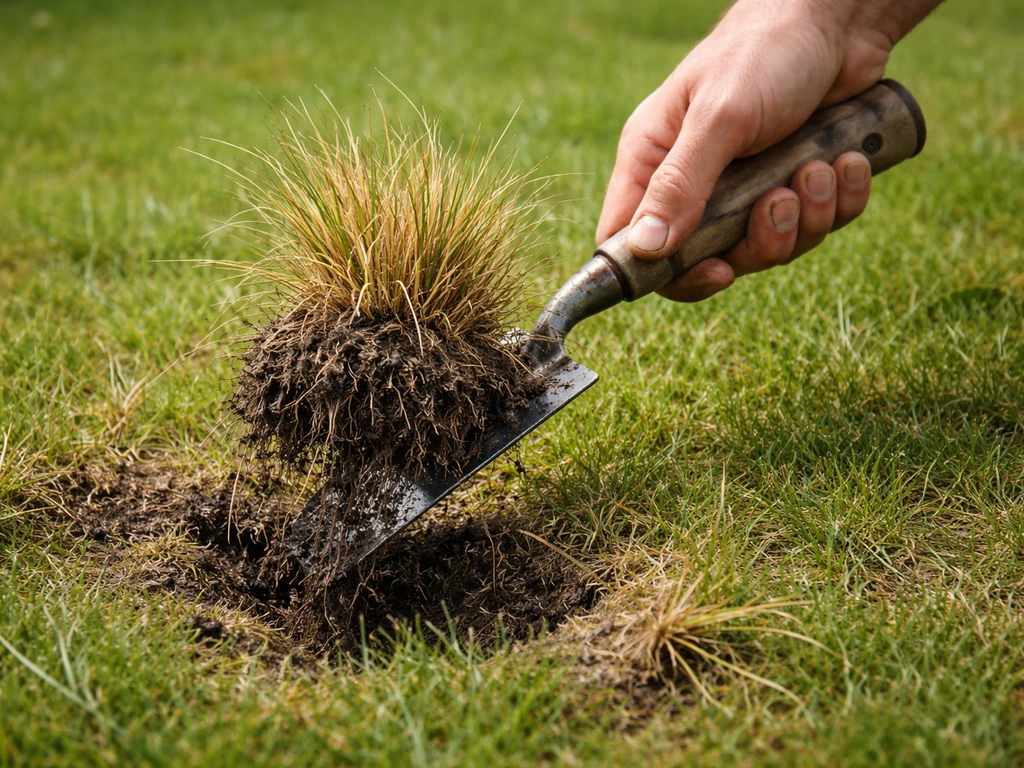 Gazon in actie: spitvork schept biezenmortel met wortel en aarde uit de graszode.