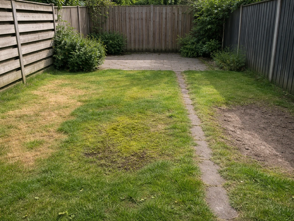 Achtertuin-gazon met geel gras, mosplekken en een kale plek in één duidelijk zichtbare scène.