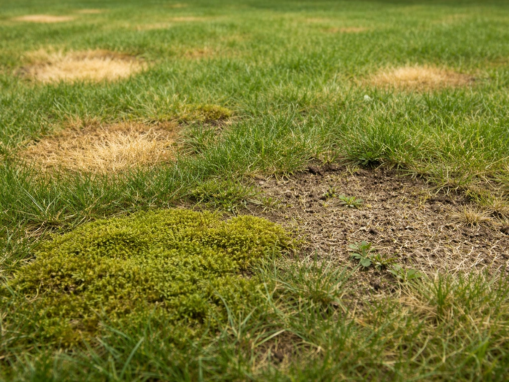 Gazone close-up met geel/bruin gras, mosplek en kale zone, alsof je snel de oorzaak wilt herkennen.