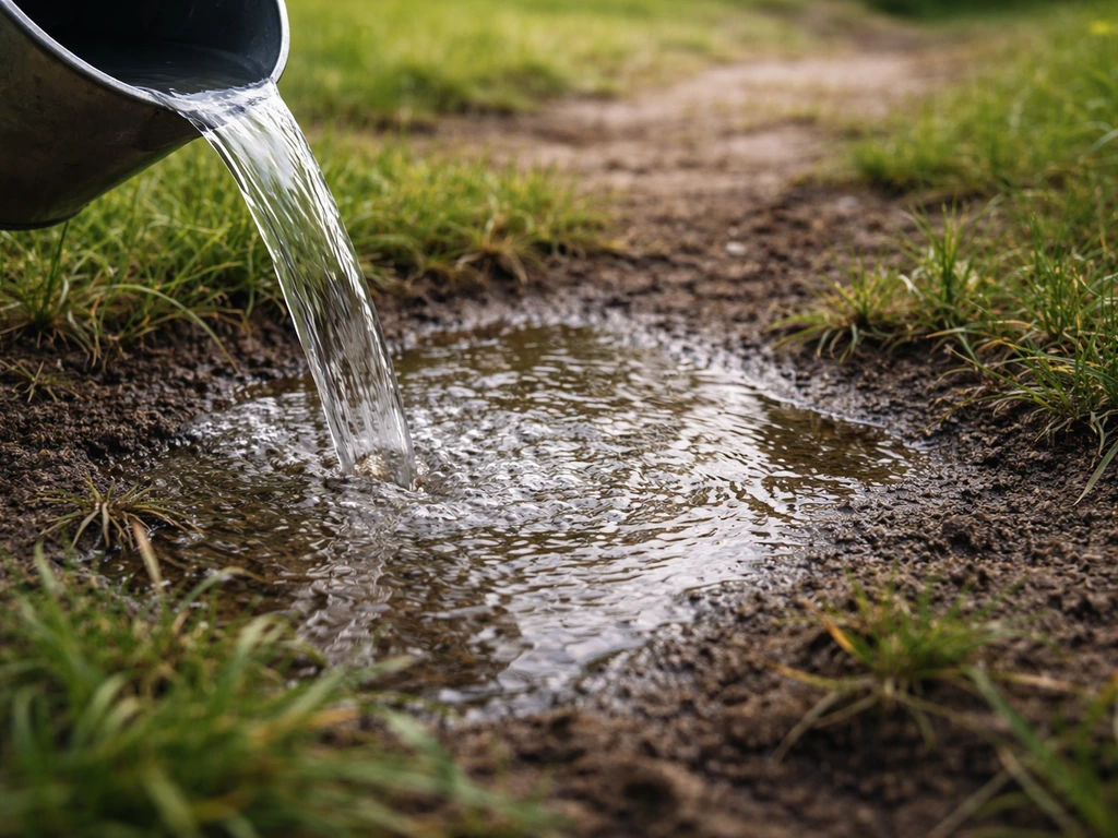 Een emmer water wordt op een stuk gras gegoten om afwatering/drainage te testen; water zakt deels weg.