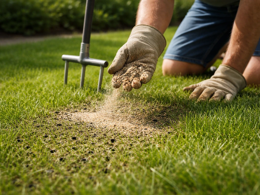 Iemand belucht een gazon met een beluchtingsprikker; daarna wordt grof zand over de gaatjes gestrooid.