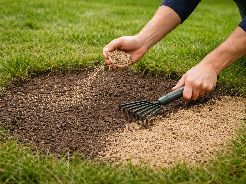 Handen die graszaad uitstrooien en de kale plek licht afdekken in een gazon