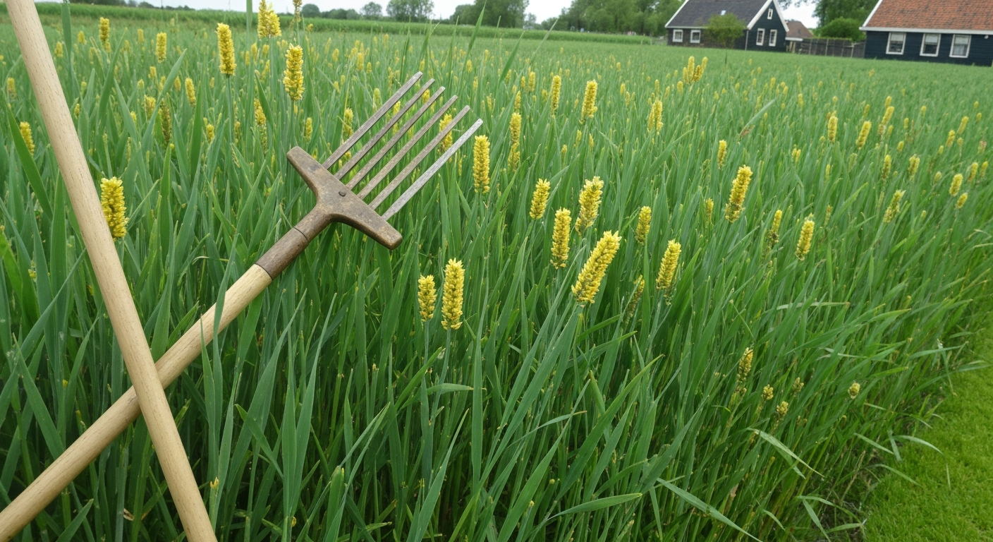Gazon met zichtbaar gele puntjes op grasbladen, vergrootglas en grondboor in een Nederlandse achtertuin, ochtendlicht.