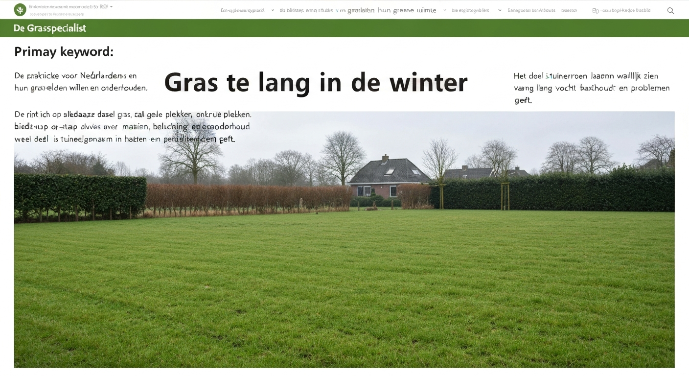 Nederlandse achtertuin in late herfst met te lang, vochtig gras (8–12 cm) en beginnende bruine plekken